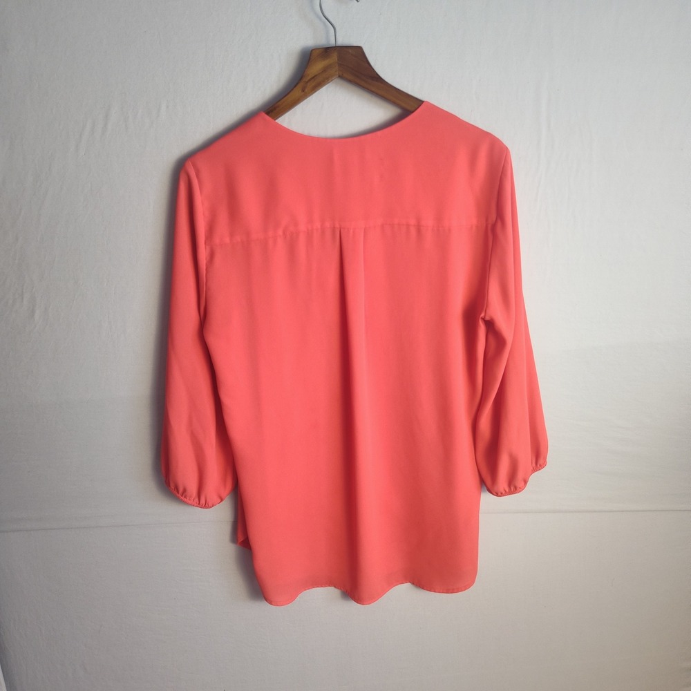 Pleione Womens Coral Pink Split Neck 3/4 Sleeve High Low Blouse Size L - Picture 2 of 9